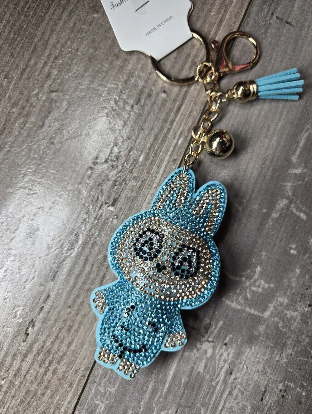 NWT Fashion Jewelry Sparkling Blue Labubu Inspired Gold Keyring Set with Charm